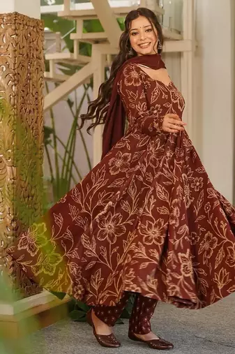 Brown digital printed muslin anarkali gown set with dupatta