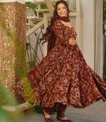 Brown digital printed muslin anarkali gown set with dupatta
