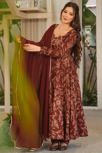 Brown digital printed muslin anarkali gown set with dupatta