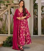 Magenta digital printed muslin anarkali gown set with dupatta