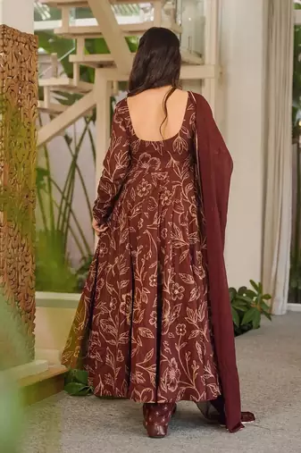 Brown digital printed muslin anarkali gown set with dupatta