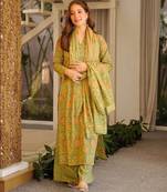 Green digital printed cambric cotton straight kurta set with dupatta