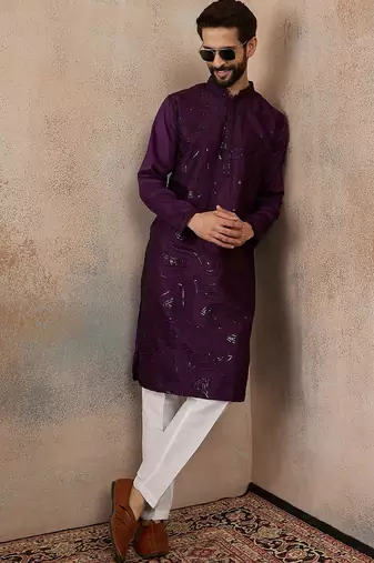 men   s purple silk blend jacquard pattern straight kurta trouser set