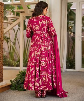 Magenta digital printed muslin anarkali gown set with dupatta 3