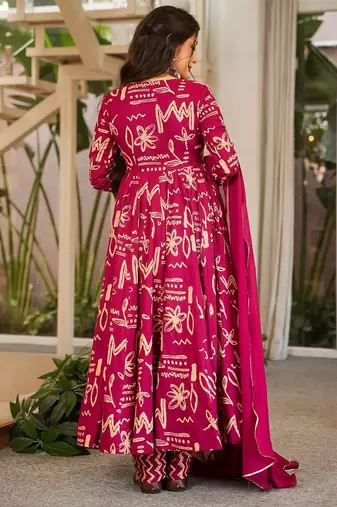 Magenta digital printed muslin anarkali gown set with dupatta