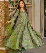 Green digital printed muslin anarkali gown set with dupatta