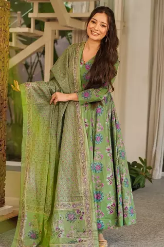 Green digital printed muslin anarkali gown set with dupatta
