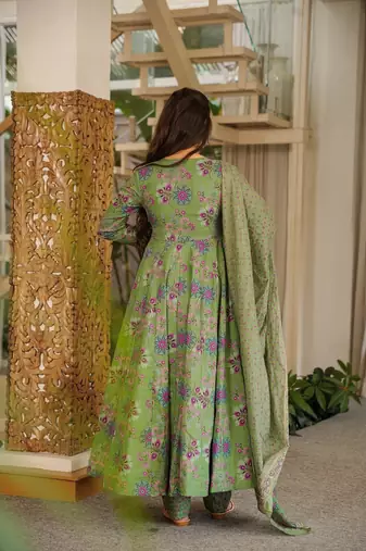 Green digital printed muslin anarkali gown set with dupatta