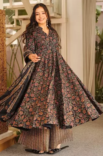 Black digital printed muslin anarkali palazzo set with dupatta