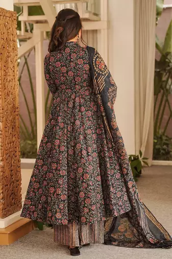 Black digital printed muslin anarkali palazzo set with dupatta