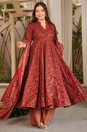 Maroon digital printed muslin anarkali palazzo set with dupatta