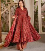 Maroon digital printed muslin anarkali palazzo set with dupatta