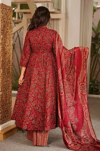 Maroon digital printed muslin anarkali palazzo set with dupatta