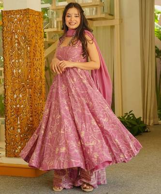 Magenta digital printed muslin anarkali palazzo set with dupatta 2