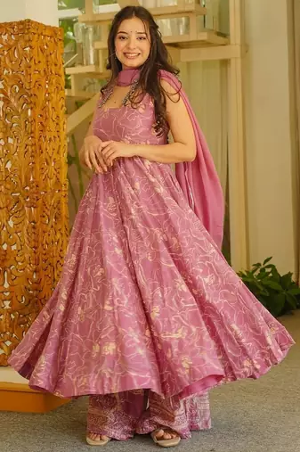 Magenta digital printed muslin anarkali palazzo set with dupatta