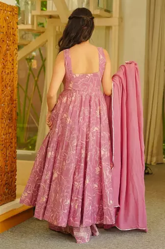 Magenta digital printed muslin anarkali palazzo set with dupatta