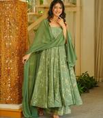 Olive digital printed muslin anarkali palazzo set with dupatta