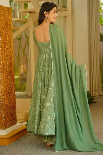 Olive digital printed muslin anarkali palazzo set with dupatta