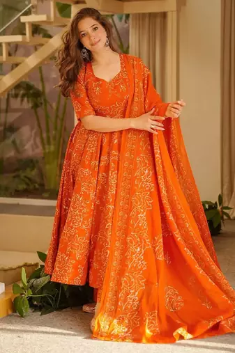 Orange digital printed muslin anarkali palazzo set with dupatta