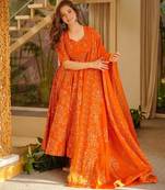 Orange digital printed muslin anarkali palazzo set with dupatta