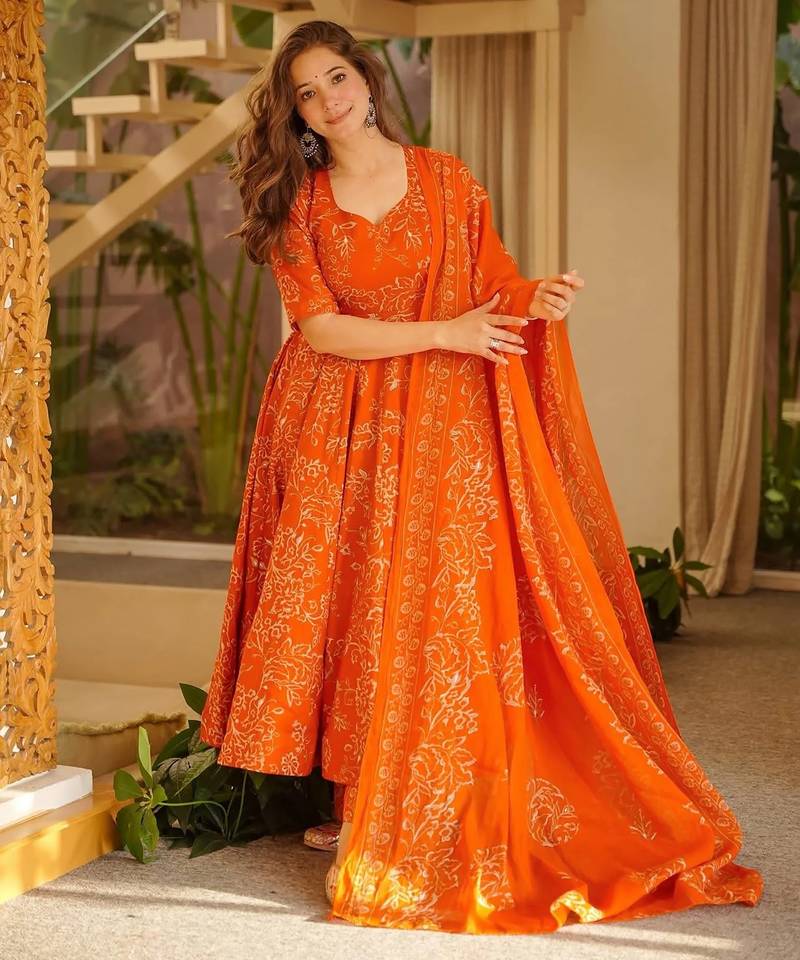 Orange digital printed muslin anarkali palazzo set with dupatta