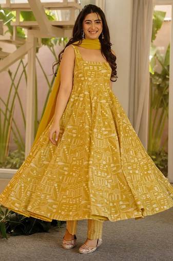 Mustard digital printed muslin anarkali gown set with dupatta