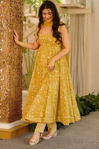 Mustard digital printed muslin anarkali gown set with dupatta