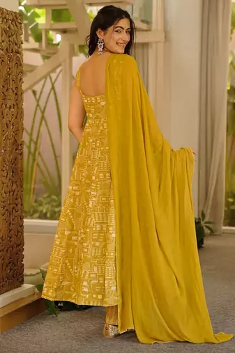Mustard digital printed muslin anarkali gown set with dupatta
