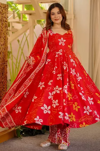 Red digital printed muslin anarkali gown set with dupatta