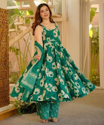 Emerald green digital printed muslin anarkali gown set with dupatta 1