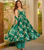 Emerald green digital printed muslin anarkali gown set with dupatta