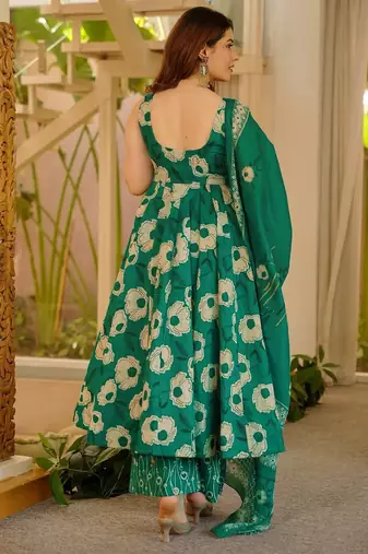 Emerald green digital printed muslin anarkali gown set with dupatta
