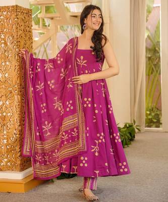 Magenta digital printed muslin anarkali gown set with dupatta 2