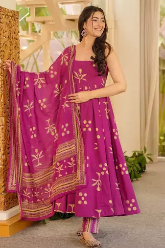 Magenta digital printed muslin anarkali gown set with dupatta
