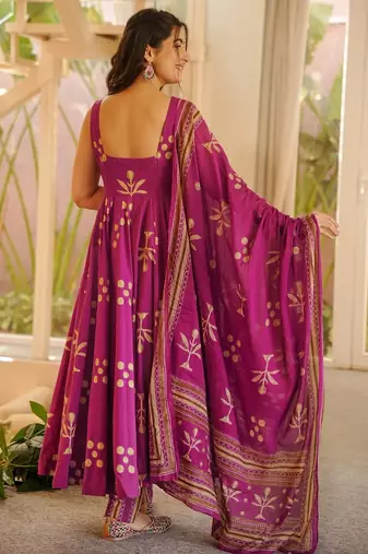 Magenta digital printed muslin anarkali gown set with dupatta