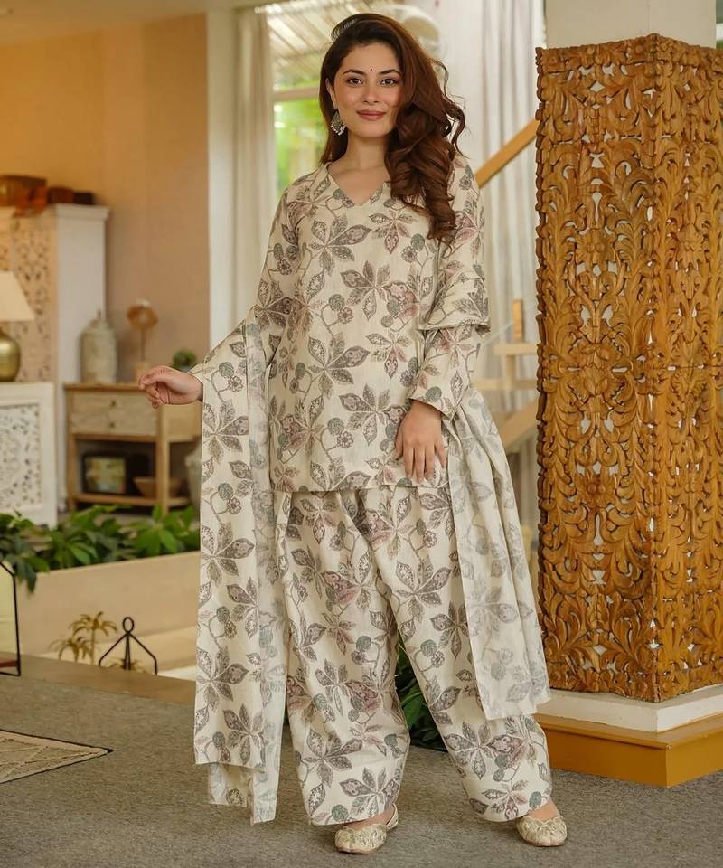 Off white digital printed cambric cotton readymade suit with dupatta