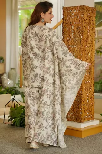 Off white digital printed cambric cotton readymade suit with dupatta