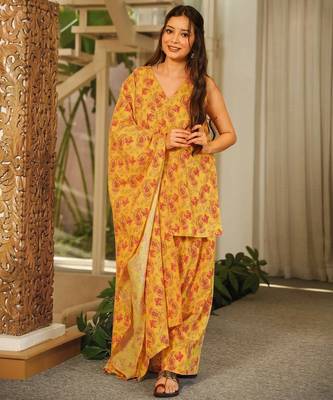 Mustard digital printed cambric cotton readymade suit with dupatta 1