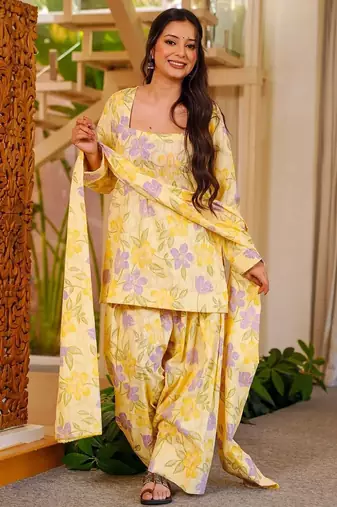 Yellow digital printed cambric cotton readymade suit with dupatta