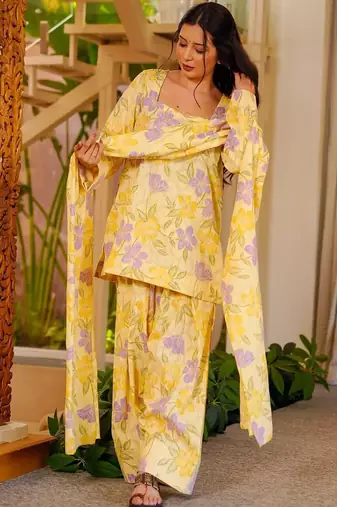 Yellow digital printed cambric cotton readymade suit with dupatta