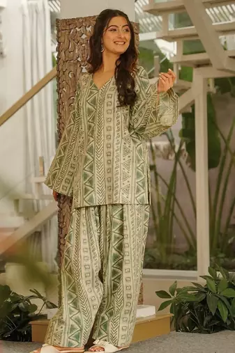 Sea green digital printed cambric cotton readymade suit with dupatta
