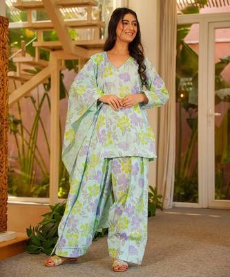 Turquoise digital printed cambric cotton readymade suit with dupatta 1