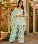 Turquoise digital printed cambric cotton readymade suit with dupatta