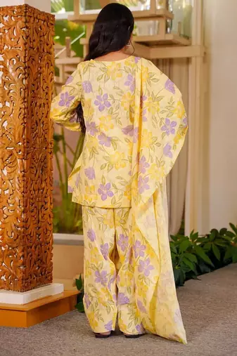 Yellow digital printed cambric cotton readymade suit with dupatta