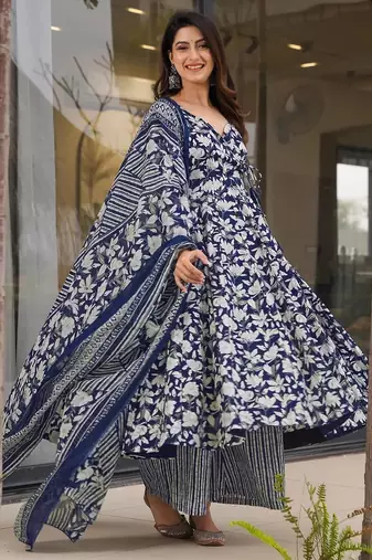Navy blue digital printed muslin anarkali palazzo set with dupatta