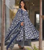 Navy blue digital printed muslin anarkali palazzo set with dupatta