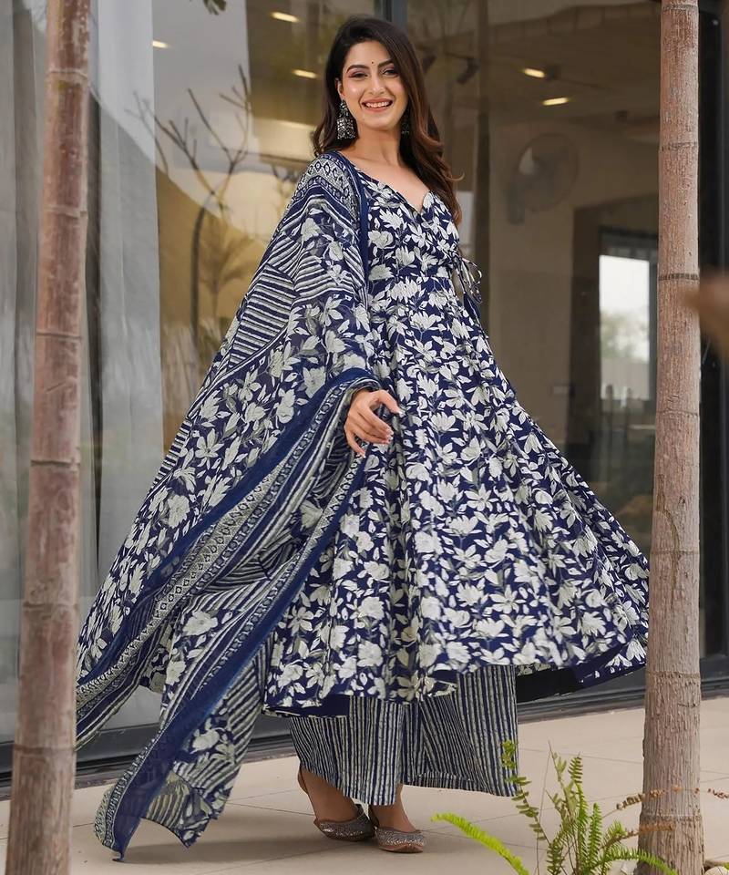 Navy blue digital printed muslin anarkali palazzo set with dupatta