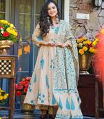 Cream digital printed muslin anarkali palazzo set with dupatta