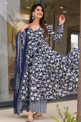 Navy blue digital printed muslin anarkali palazzo set with dupatta
