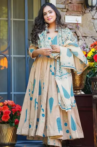 Cream digital printed muslin anarkali palazzo set with dupatta